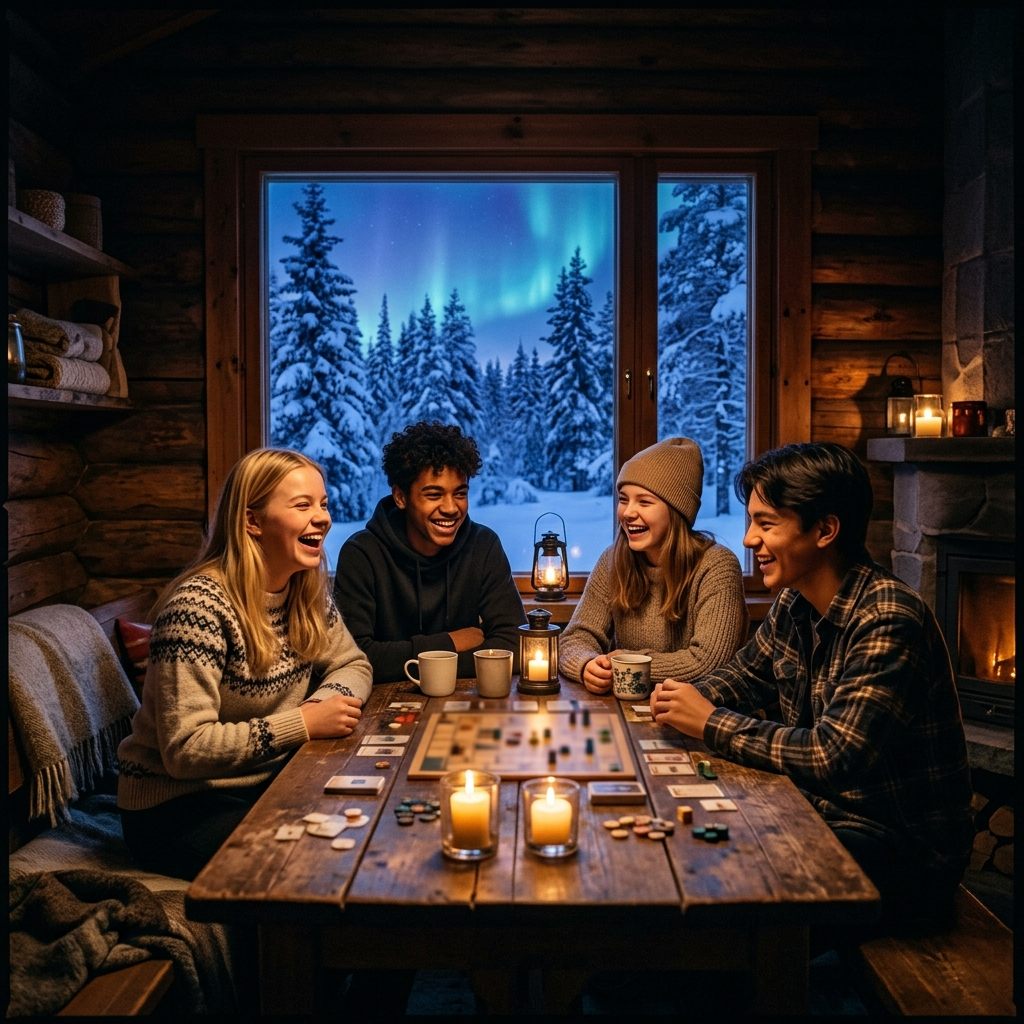 Teenagers laughing while playing a board game in a cabin in the snowy Finnish forest
